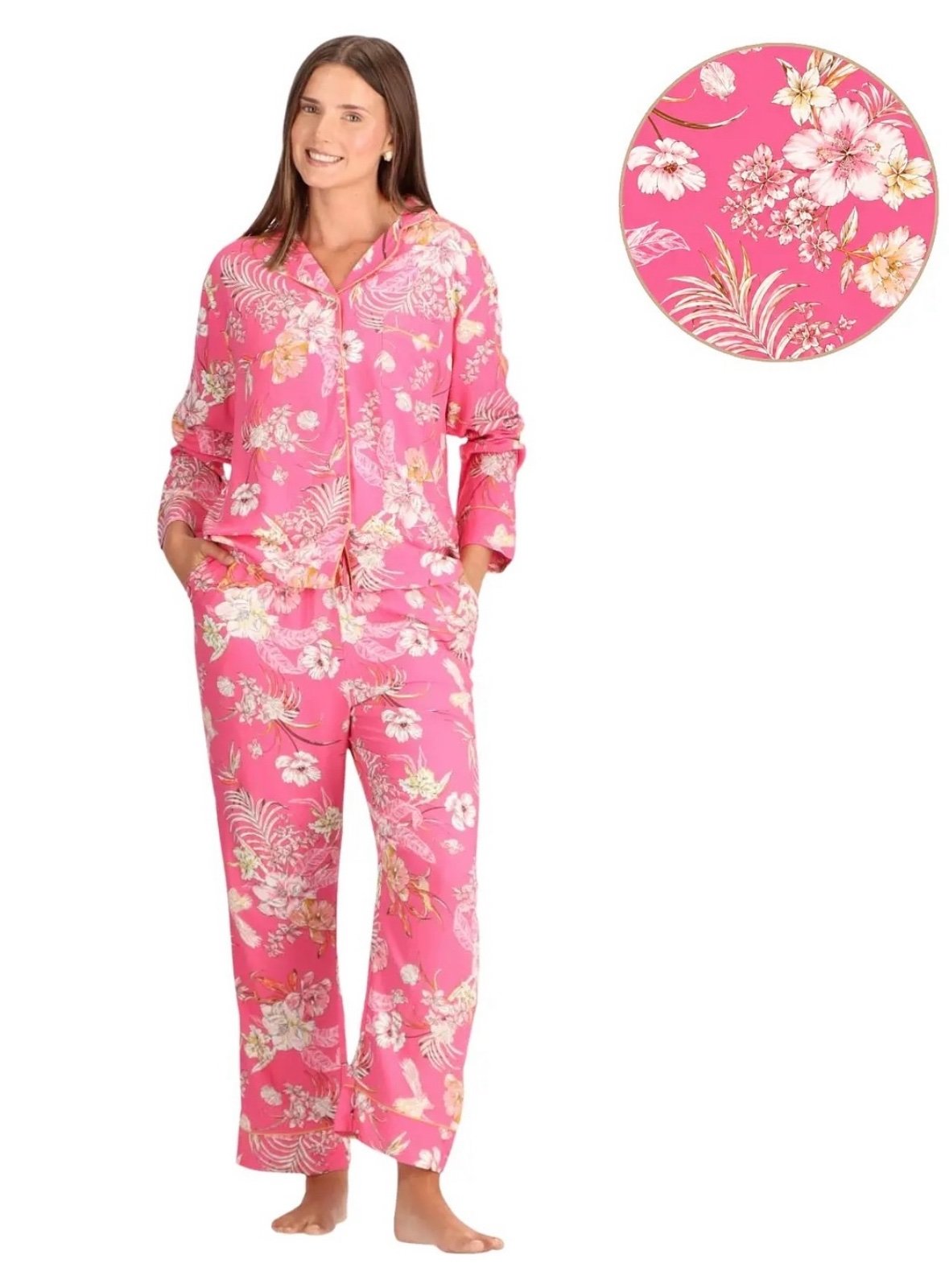 Caffarena Pijama largo camisero viscosa estampado rosa