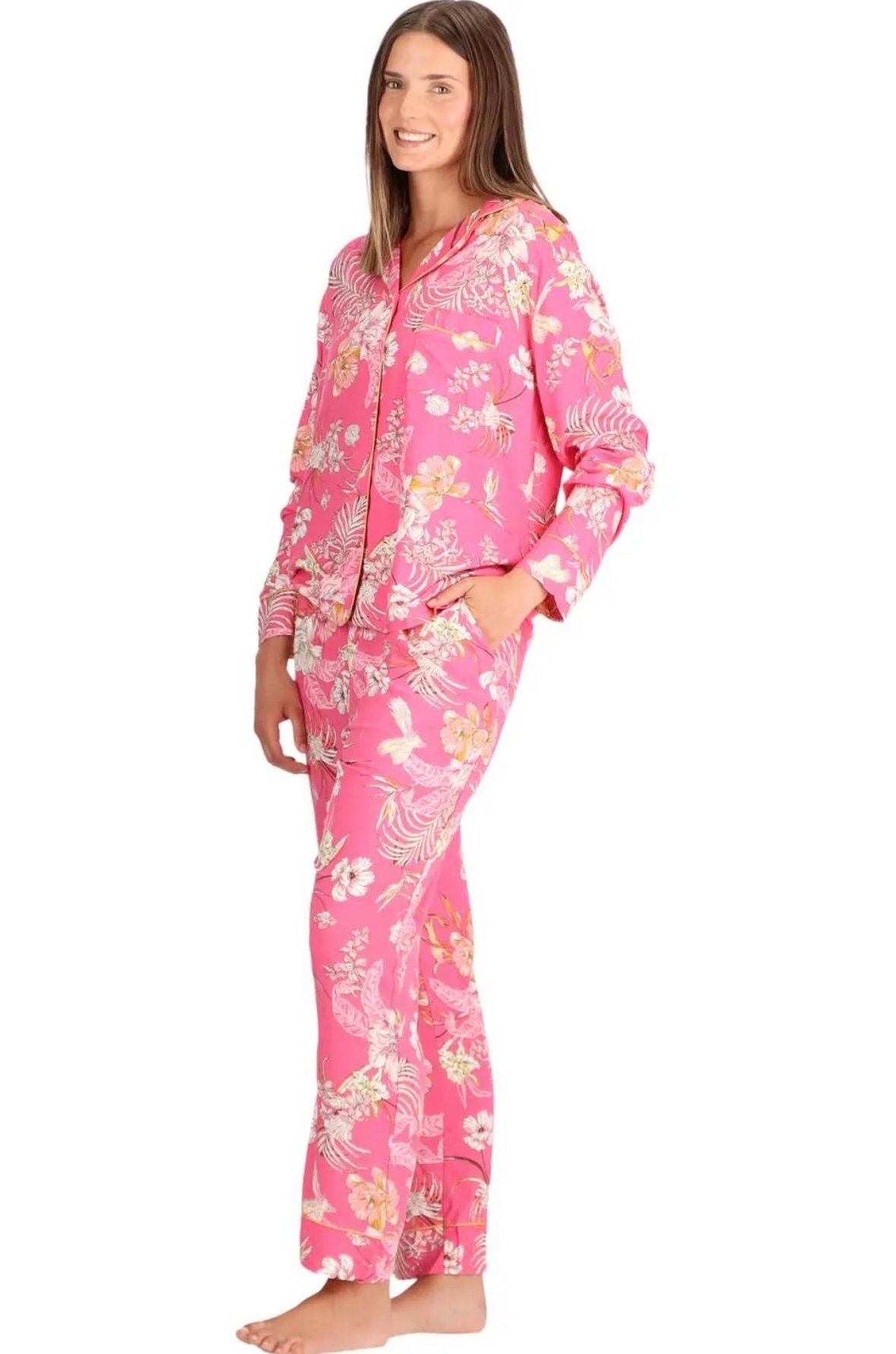 Caffarena Pijama largo camisero viscosa estampado rosa - Imagen 3